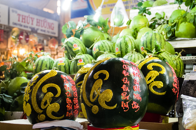 Watermelon is inlayed and used as decoration in Vietnamese family during Lunar new year. 